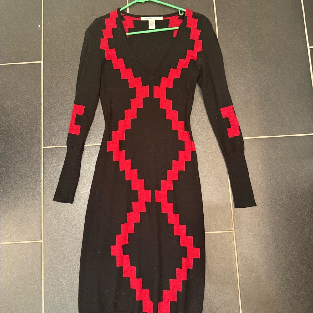 Diane Von Furstenberg Black Dress with Red Geometric Design Size Small